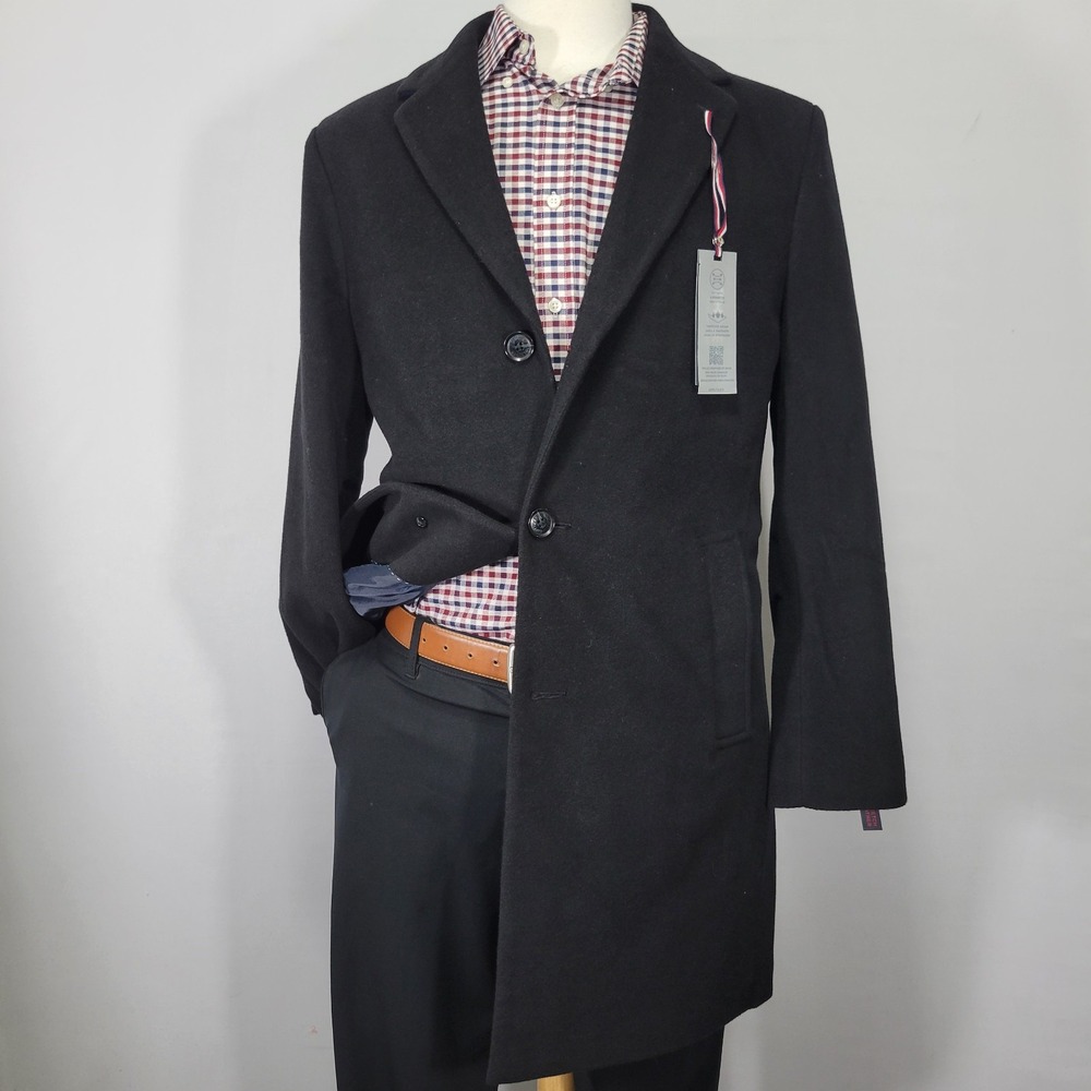 Tommy Hilfiger Men's Flannel OVercoat Three Button Black Wool Blend Size 38S NEW